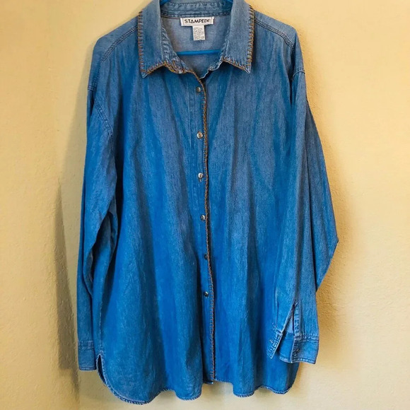 Vintage Stampede 2X Long Sleeve Buttoned Up 100% Cotton Denim Shirt w/ Flaws - Picture 1 of 9